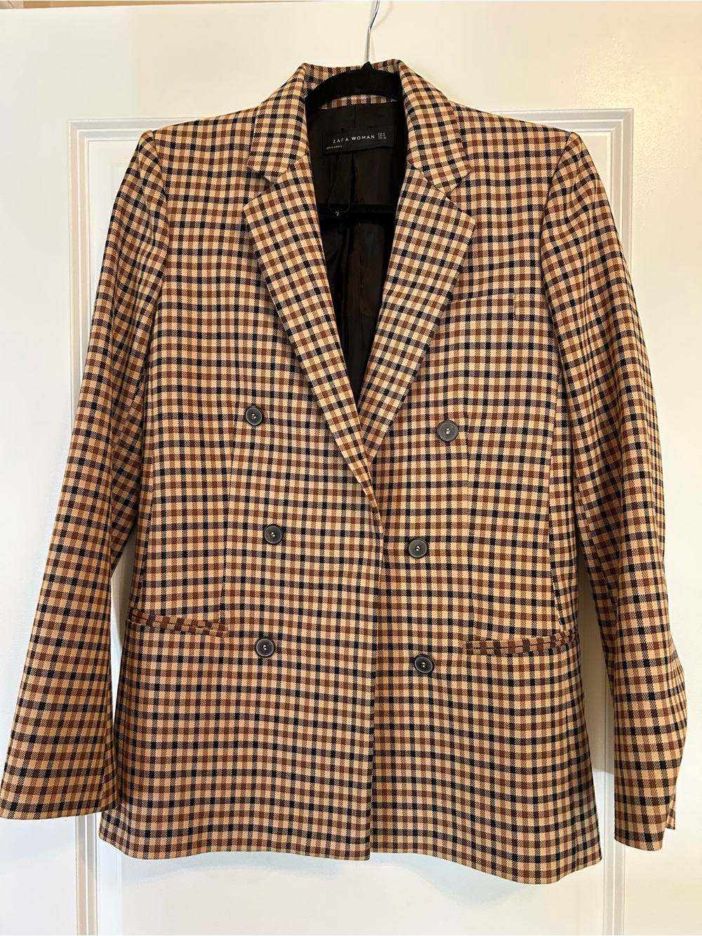 Zara Brown and Black Checked Double-Breasted Blazer